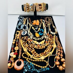 Vintage & Modern Boho Ethnic Wood Necklace, Bracelet Jewelry Lot Of 35